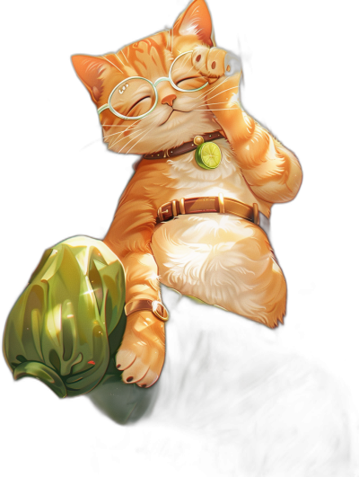 A cute orange cat, wearing glasses and holding cabbages in its paws, is lying on the ground with one leg up, smiling happily. It has a style in the style of anime and a black background. The illustration features cartoon characters with high-definition details, giving it a three-dimensional feel. The entire body of characters was drawn using digital painting techniques, creating a strong sense of realism. In close-up shots, it showcases a cute expression.