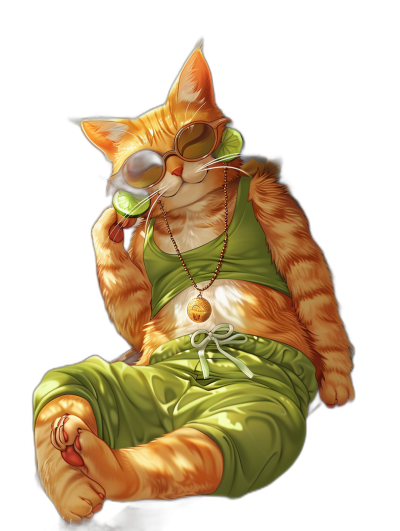 a ginger cat with green  and sunglasses is sitting on the floor, he has an earring in his ear, anime style, black background, digital art by [Artgerm](https://goo.gl/search?artist%20Artgerm), He wears baggy pants, he eats lime fruit, cute, adorable, happy