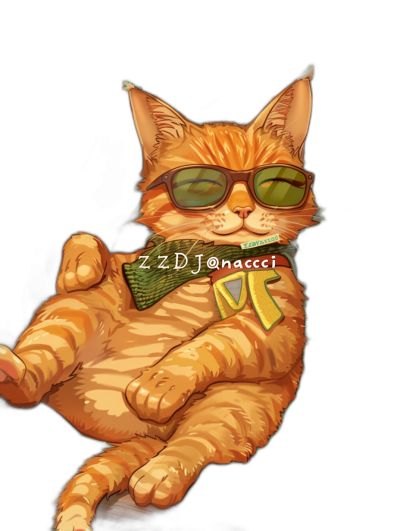 An orange cat with green glasses and a necktie is depicted in the style of ZDengineering. The vector art style uses a black color palette with the text "ZDengineering" in white letters on a black background. The cute cartoon design shows the full body of an orange tabby cat lying down. It is a detailed digital painting in the vector illustration style with high resolution, high contrast, sharp focus, smooth textures, and vibrant colors that gives the impression of natural lighting.