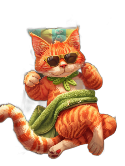 Illustration of an orange cat wearing sunglasses and a green scarf, sitting on top of the back of a chair with a black background, cute, in the style of a cartoon, colorful, high resolution, high detail, digital art, fantasy art.