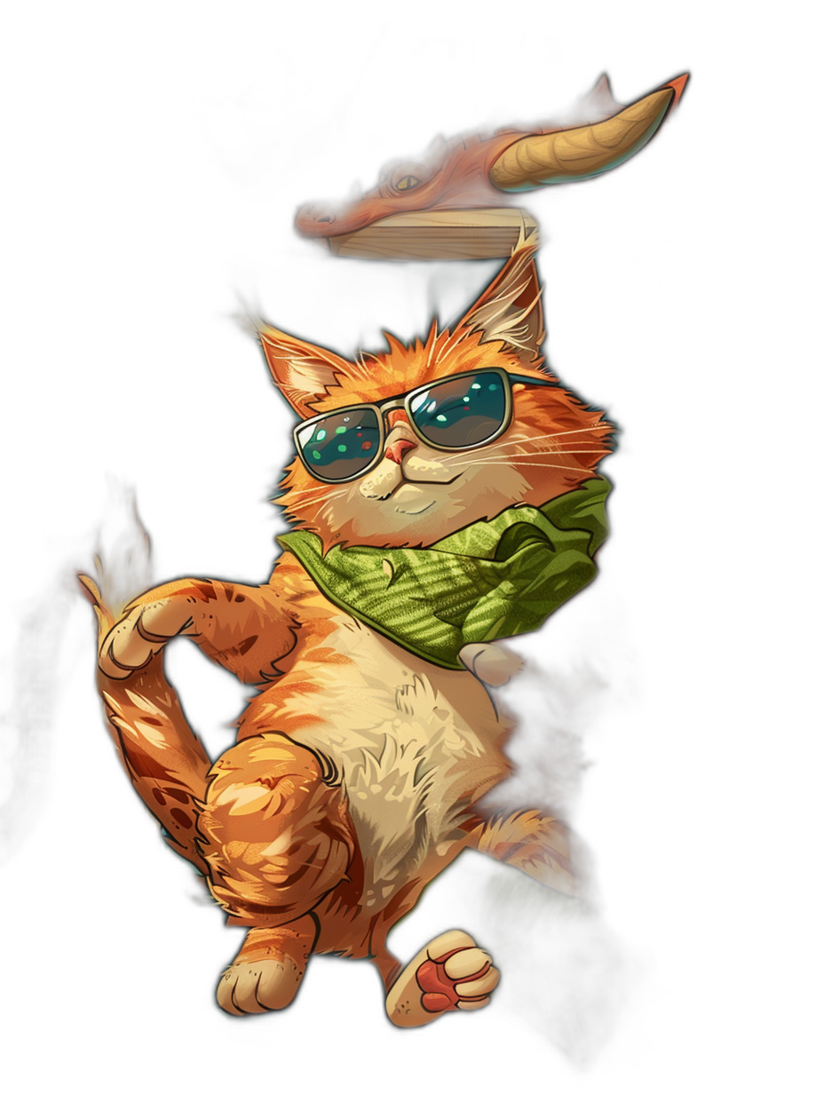 A ginger cat with blue eyes wearing sunglasses standing on its hind legs holding up an eel above its head in the style of digital illustrations. Playful character designs with a black background. A hyper-realistic animal illustration of the cat wearing a green scarf around its neck in the cartoon realism style of playful animation.