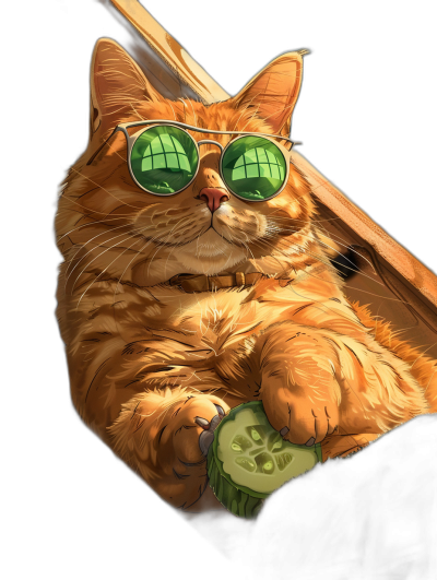 a portrait of an orange cat wearing green sunglasses lounging in the sun eating cucumber, black background, anime style