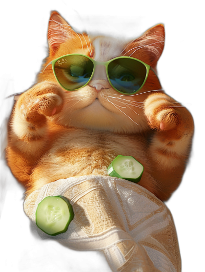 A photo of an orange cat wearing green sunglasses, lying on its back with one hand holding cucumber slices and the other pointing towards you. It is wrapped in white towels and has a black background. The cat's body appears plump against the light, and the reflection from glasses adds to its cool demeanor. High resolution photography, with insanely detailed and fine details, isolated on a black background, with professional color grading, soft shadows, no contrast, clean sharp focus digital art, in the style of [WLOP](https://goo.gl/search?artist%20WLOP).