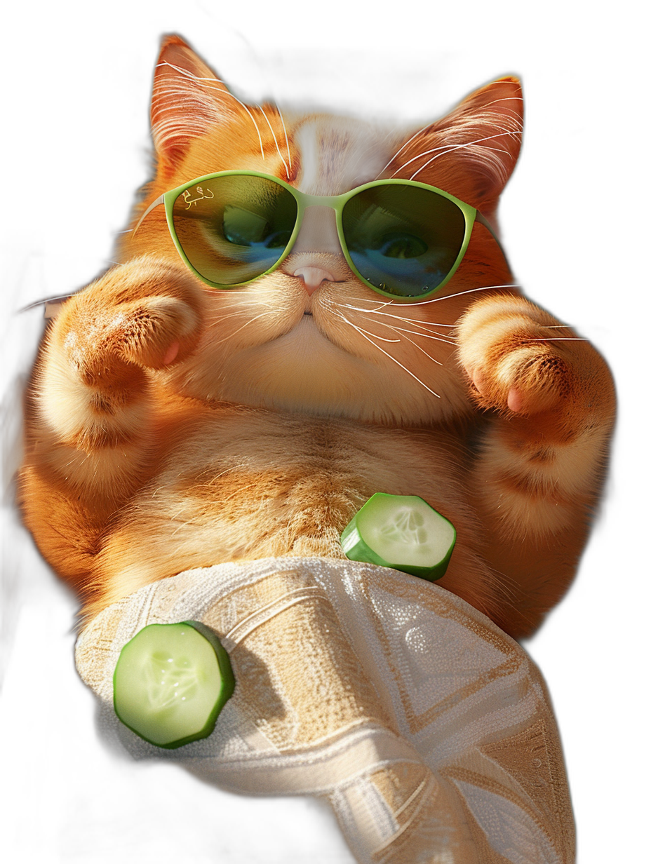 A photo of an orange cat wearing green sunglasses, lying on its back with one hand holding cucumber slices and the other pointing towards you. It is wrapped in white towels and has a black background. The cat’s body appears plump against the light, and the reflection from glasses adds to its cool demeanor. High resolution photography, with insanely detailed and fine details, isolated on a black background, with professional color grading, soft shadows, no contrast, clean sharp focus digital art, in the style of [WLOP](https://goo.gl/search?artist%20WLOP).