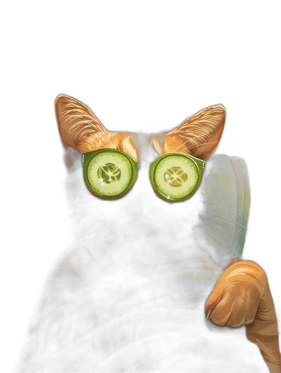Cat with cucumber slices on eyes holding pickle, in the style of realistic illustration, black background, funny art, simple design, cool colors, high resolution, high detail, high quality, high contrast, hyperrealistic, wide angle, depth of field, cinematic