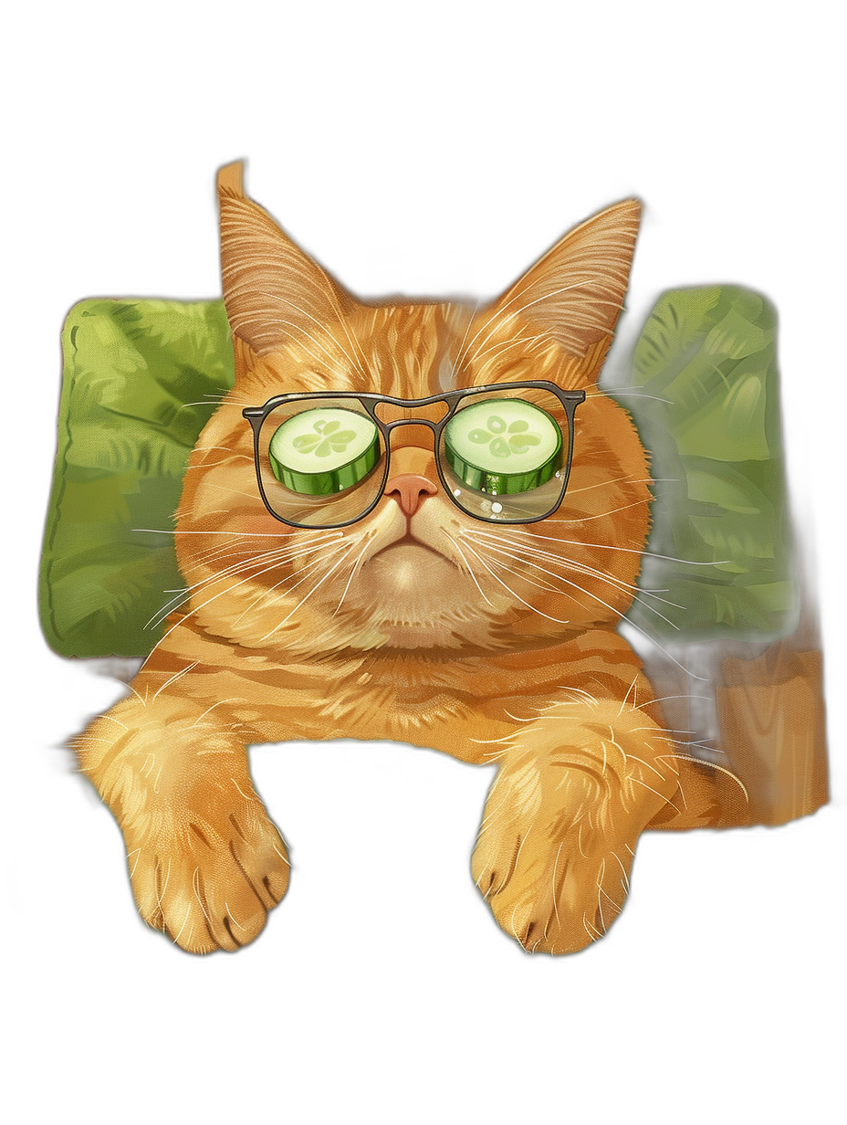 t-shirt design, Cool Orange Cat with Cucumbers on its glasses lying down on the sofa, black background, vector art style, digital painting and drawing in the style of the artist.