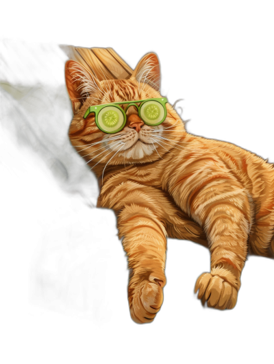 digital art of funny cute orange cat wearing cucumber sunglasses, lying on black background, full body