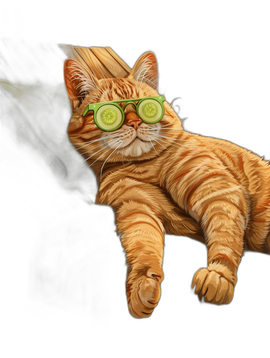 digital art of funny cute orange cat wearing cucumber sunglasses, lying on black background, full body