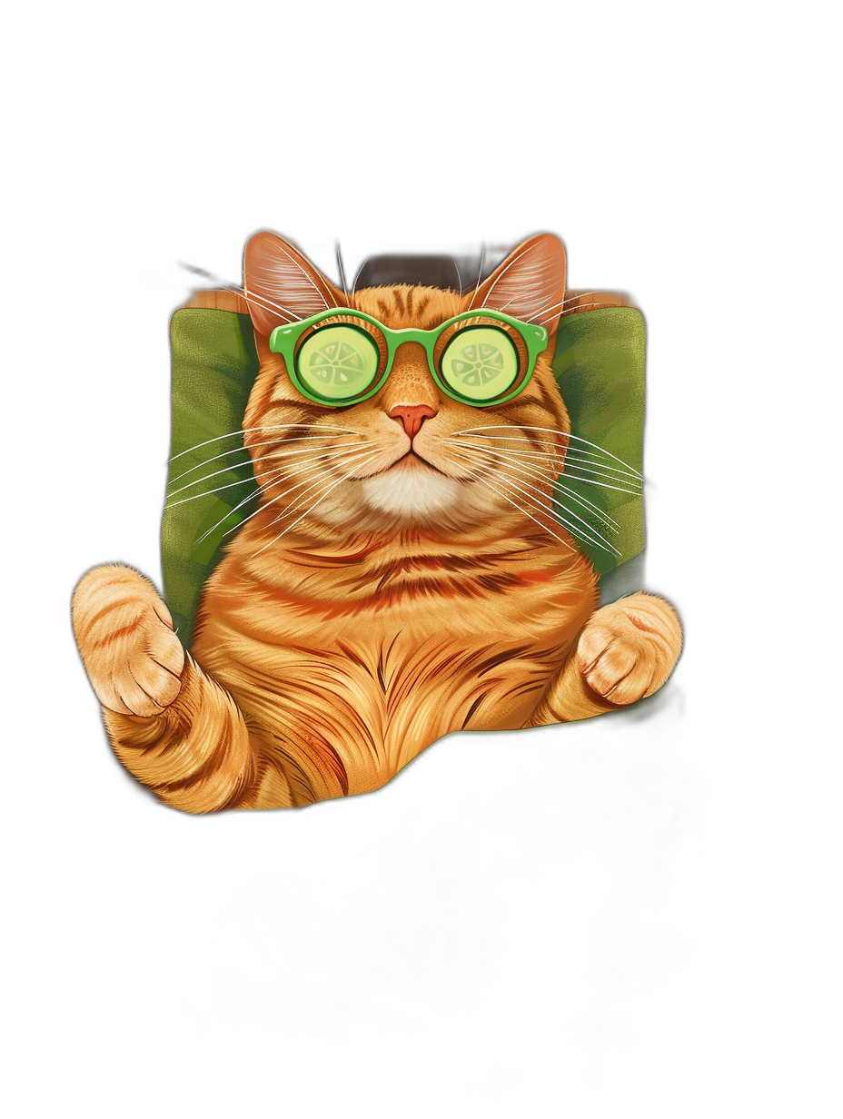 A cute happy ginger cat with green sunglasses and a cucumber on his eye, sitting in an armchair. The cat is depicted in the style of a t-shirt design graphic with an ultra detailed style, isolated on a black background.