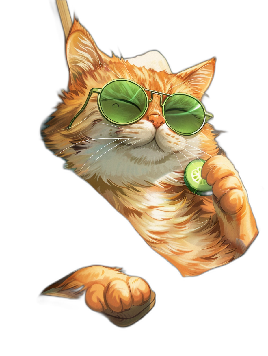 digital art of cool and fat orange cat , wearing sunglasses with green lens, holding cucumber in one hand , pointing to the sky black background pastel color pallete