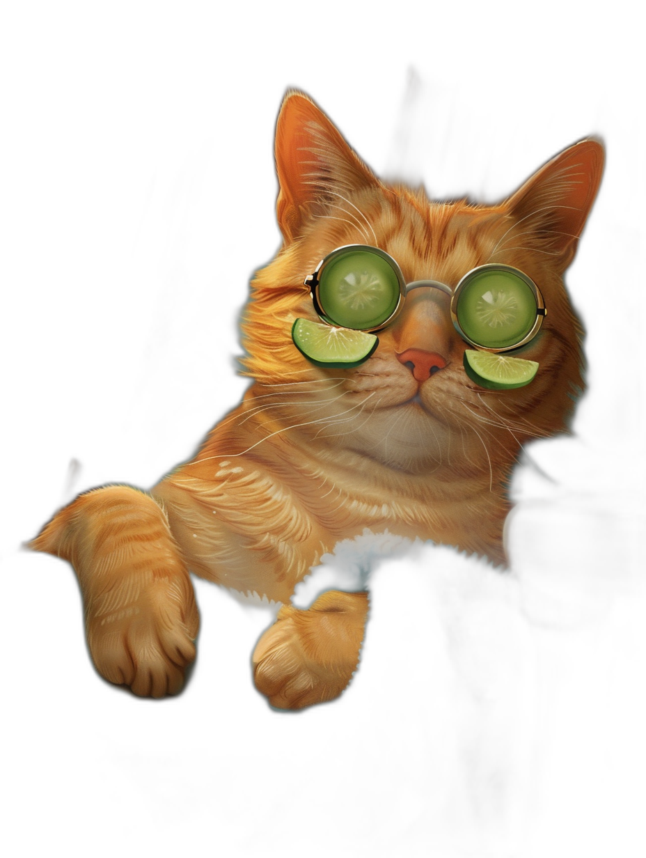 digital art of cute orange cat , wearing sunglasses with cucumber on eyes, black background , chill and funny