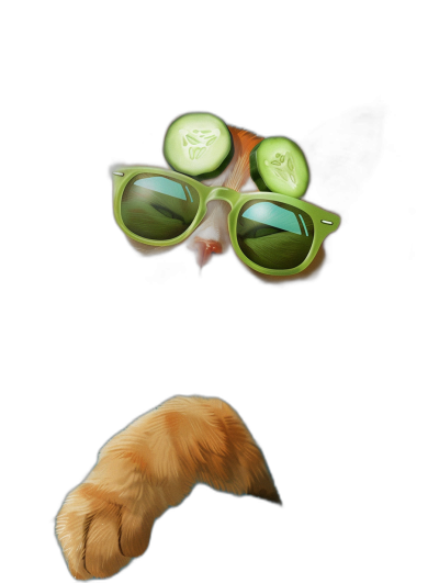 A golden retriever's paw with green sunglasses and cucumber slices on it, depicted in the style of Japanese anime, against a black background. The dog is seen from above. It has an extremely simple design with no shadows or gradients. The composition includes only one element. This artwork was created using digital art techniques, featuring flat colors without any shading.