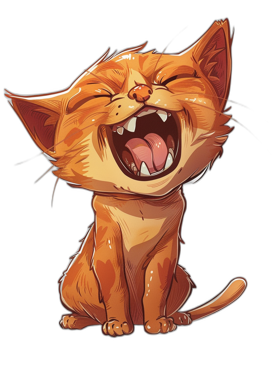 A cartoon illustration of an orange cat laughing in the vector art style on a black background as a t-shirt design.