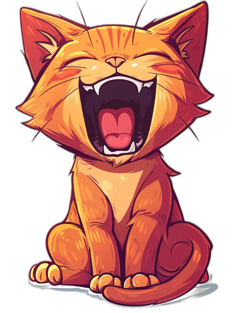 A cute happy cat laughing with its mouth open, in the vector cartoon style, t-shirt design graphic, ultra detailed, isolated on a black background.