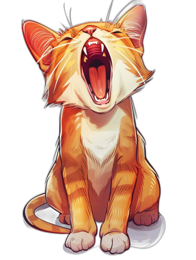 A cute orange cat, laughing with its mouth open wide, in the style of vector art, t-shirt design graphic, with ultra detail, isolated on a black background