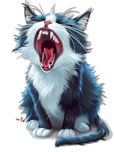 realistic digital illustration of an angry cat, full body, blue and white fur with black background, mouth open showing teeth, anime style, high details