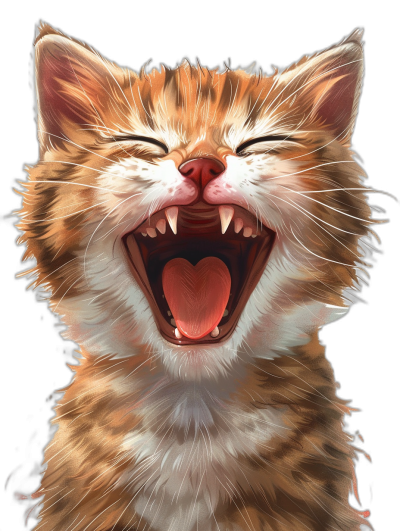 front view of a happy smiling cat with its mouth open, tongue out and sharp teeth in the style of a digital painting, hyper realistic illustration in the style of cartooncore, isolated on a black background