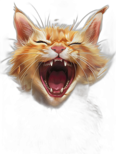 realistic digital illustration of an orange cat laughing, black background, high contrast