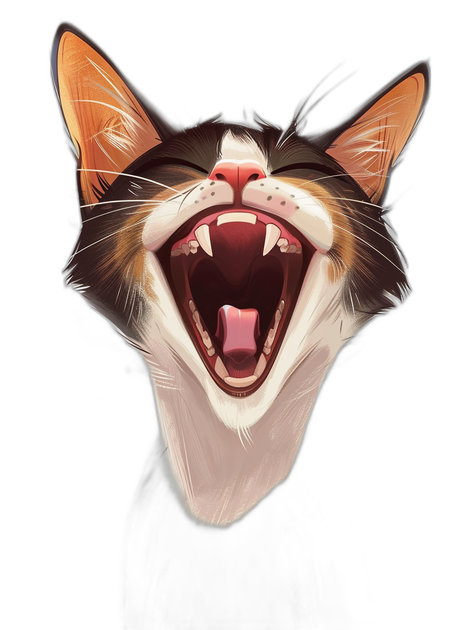 a cartoon cat laughing with its mouth open, vector art illustration, digital painting, black background, cute, detailed, trending on Artstation and pixiv, hyper-realistic, hyper-detailed, hyper-photorealistic, hyper-style, octane render, high resolution, high detail, professional photography, cinematic, HDR, wide angle lens, depth of field, ray tracing