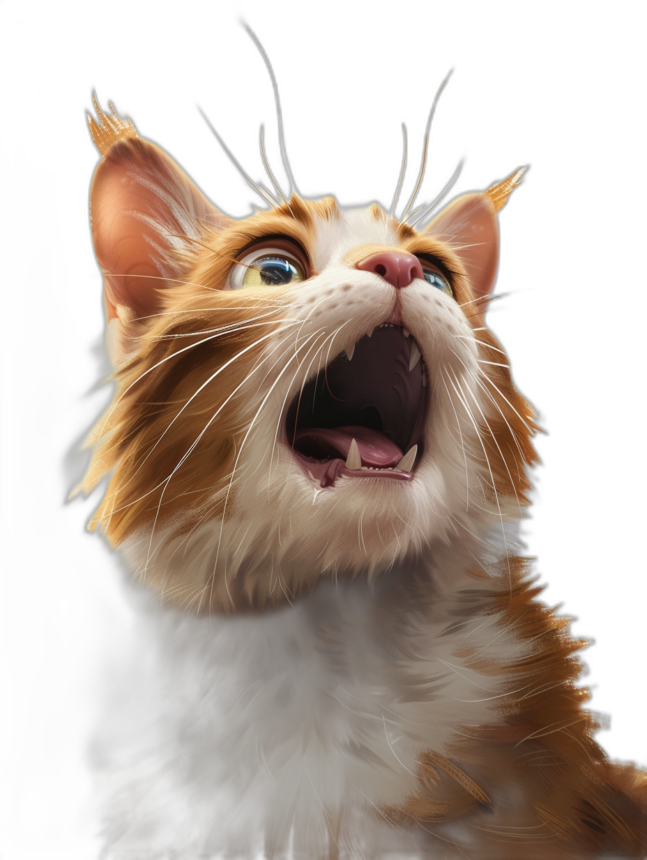 realistic digital illustration of an orange and white cat meowing, black background, detailed character design, in the style of disney animation, cute cartoonish designs, extreme angle camera view