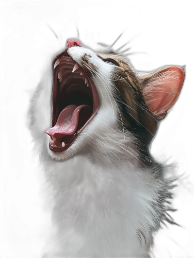 A cat yawns, its mouth wide open and showing sharp teeth, with the black background highlighting its white body color. The illustration is in a digital painting style, with high resolution and hyper-realistic details. It was created using Adobe Photoshop, using an OC renderer for rendering, with a focal length of f/25. This artwork conveys emotions through visual elements. in the style of [Peter Gric](https://goo.gl/search?artist%20Peter%20Gric).