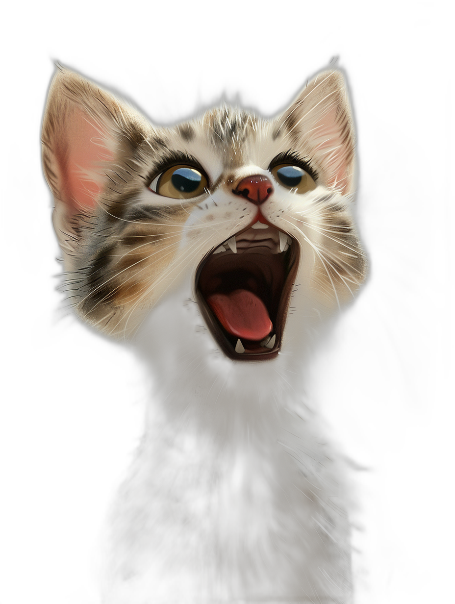 digital art of a cute kitten, the cat is roaring with its mouth open against a black background in a portrait view.