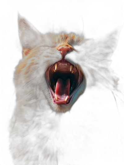 hyperrealistic cat with open mouth showing teeth, dark background, in the style of digital art.