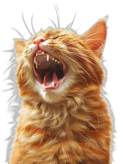 A red cat is laughing and roaring with its mouth wide open showing sharp teeth against a black background. It is a hyper-realistic illustrated close-up shot of the cat's head from below in the style of bright colors and detailed textures. Light comes from the top left side of the face, highlighting the pure white skin and orange fur with soft lighting and high resolution details in the fur and skin.