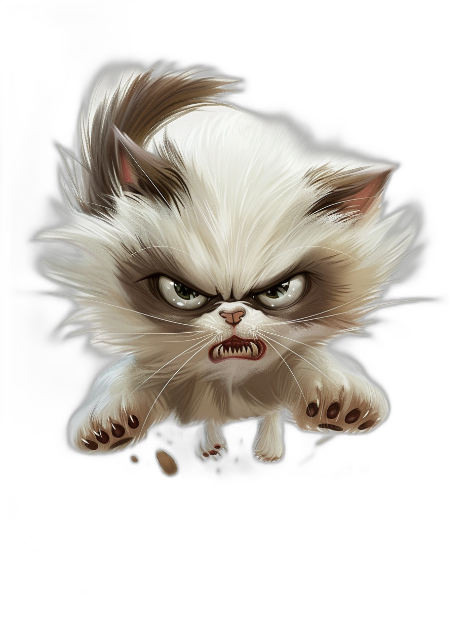 funny cartoon illustration of an angry cat, jumping towards the viewer on black background, full body, wide angle, funny caricature character, high resolution, sharp focus, intricate details, highly detailed digital art, 2d game style, fantasy style, hyper realistic, concept art