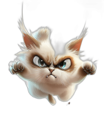 funny cartoon illustration of an angry grumpy cat flying in the air, isolated on a black background, in the style of [Mark Ryden](https://goo.gl/search?artist%20Mark%20Ryden) and [Tim Burton](https://goo.gl/search?artist%20Tim%20Burton)