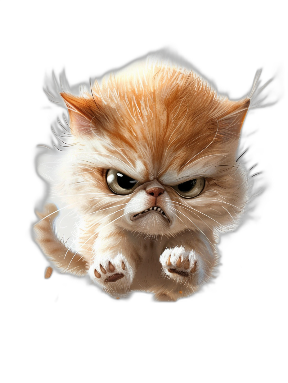 funny cartoon angry flying persian cat on black background, in the style of hyper realistic