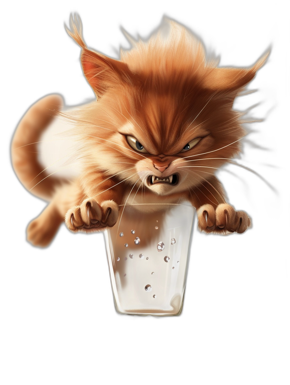 realistic cartoon illustration of an angry ginger cat pushing over the edge of a milk glass, black background, detailed character illustrations in the style of Pixar and Disney