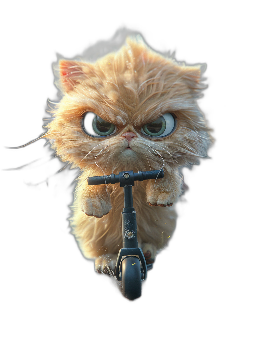 3D render of a cute Persian cat riding an electric scooter, on a black background, with big eyes, an angry face, in the style of Pixar, created in Blender with studio lighting.