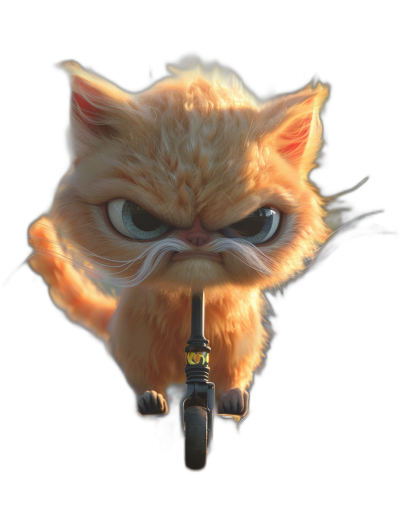 grumpy orange cat with an angry expression holding the handle of his bike in front, in the style of Pixar's cartoon style, 3d render, black background, in the style of Pixar characters, in the style of Disney movie posters