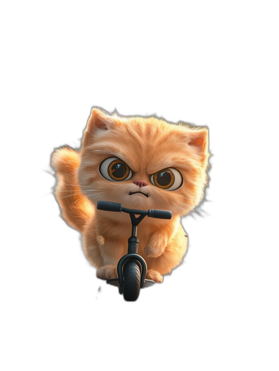 A cute orange cat is riding an electric scooter on a black background in a cute cartoon style similar to Disney Pixar animation. The full body shot shows the cat with cute eyes and big eyelashes riding the scooter. This high definition image could be used as a wallpaper.