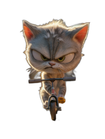 front view of an angry cute cat riding a scooter against a black background, in the style of Pixar, with detailed rendering, rendered in Octane