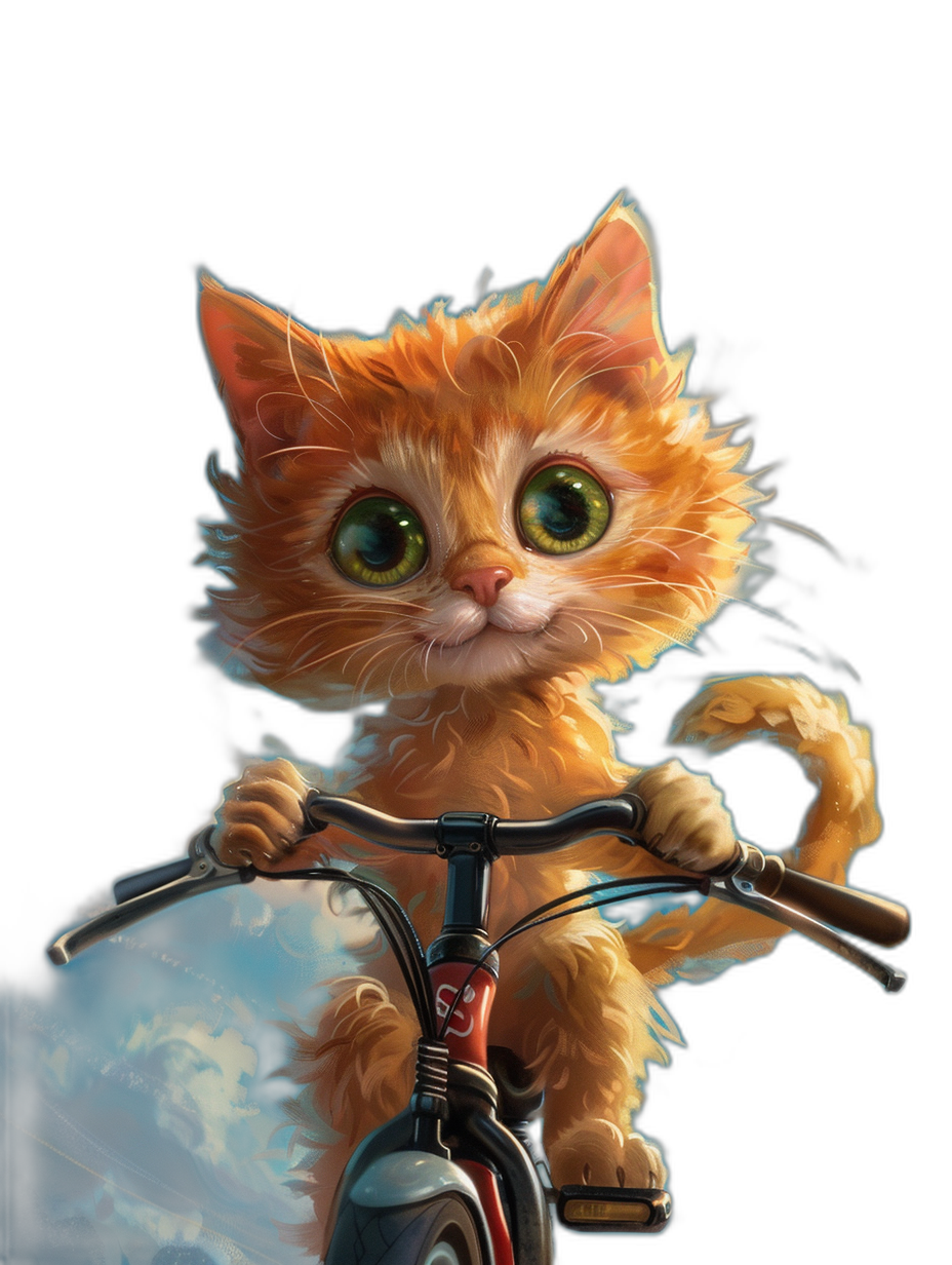 digital art of a cute and happy kitten riding on a bike against a black background. The big-eyed cat has fluffy tail and green eyes with a red colored body. Cinematic lighting provides a fullbody shot from the front view as wind blows around its fur in the style of Pixar. The kitten is depicted as a cartoon character.