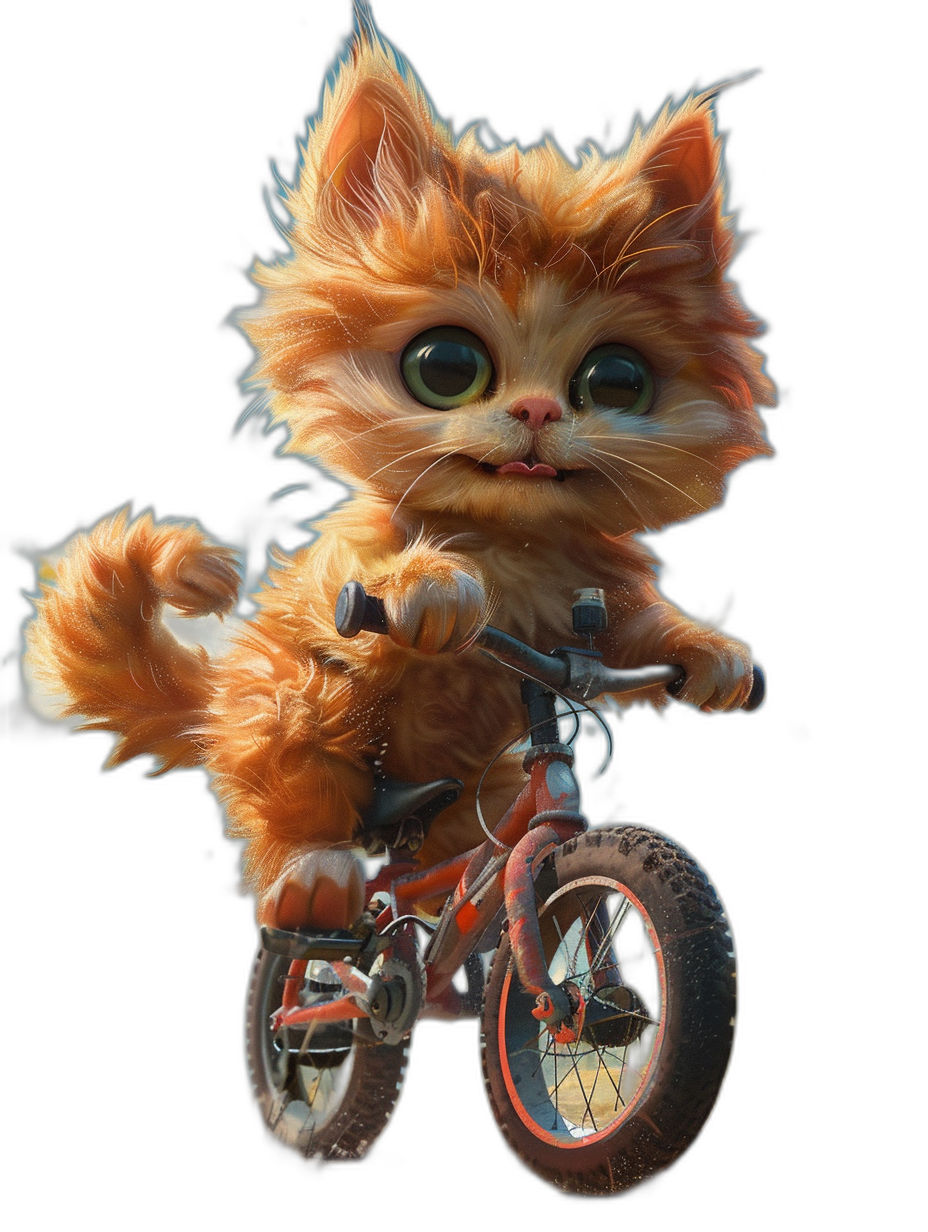 3D render of a cute ginger cat riding a bicycle, with fluffy fur and big eyes, against a black background, in the style of Pixar.