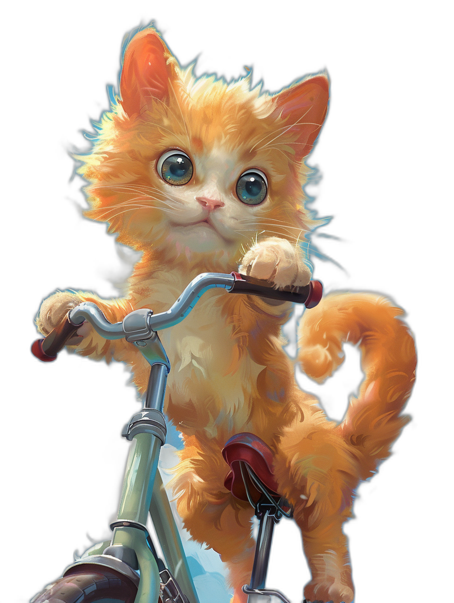 A cute orange cat with big eyes sitting on the handlebar of a bicycle, black background, digital art in the style of [WLOP](https://goo.gl/search?artist%20WLOP) and [Greg Rutkowski](https://goo.gl/search?artist%20Greg%20Rutkowski) and [Makoto Shinkai](https://goo.gl/search?artist%20Makoto%20Shinkai), digital painting, anime style.