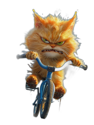 grumpy orange cat riding bicycle, angry expression, in the style of Pixar, cartoon character, black background, no words in the picture, high resolution