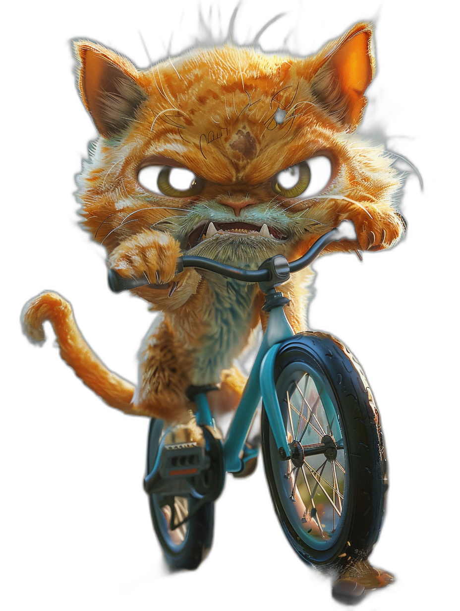 angry, cute cat riding bicycle in the style of [Tiago Hoisel](https://goo.gl/search?artist%20Tiago%20Hoisel), caricature-like, playful caricatures, high resolution photo realistic colors and black background