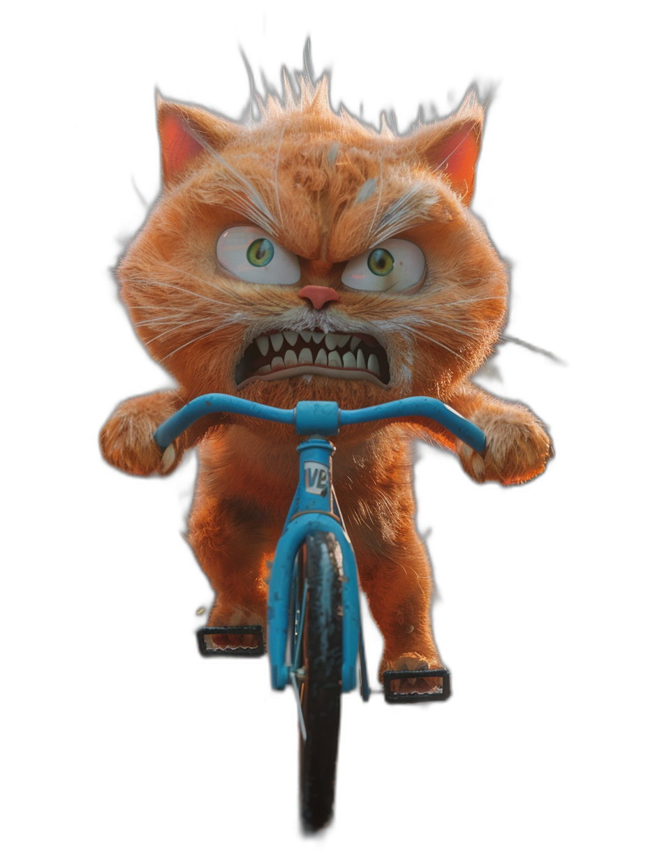 angry orange cat with blue eyes riding bicycle on a black background, in the style of Pixar, 3d cartoon character