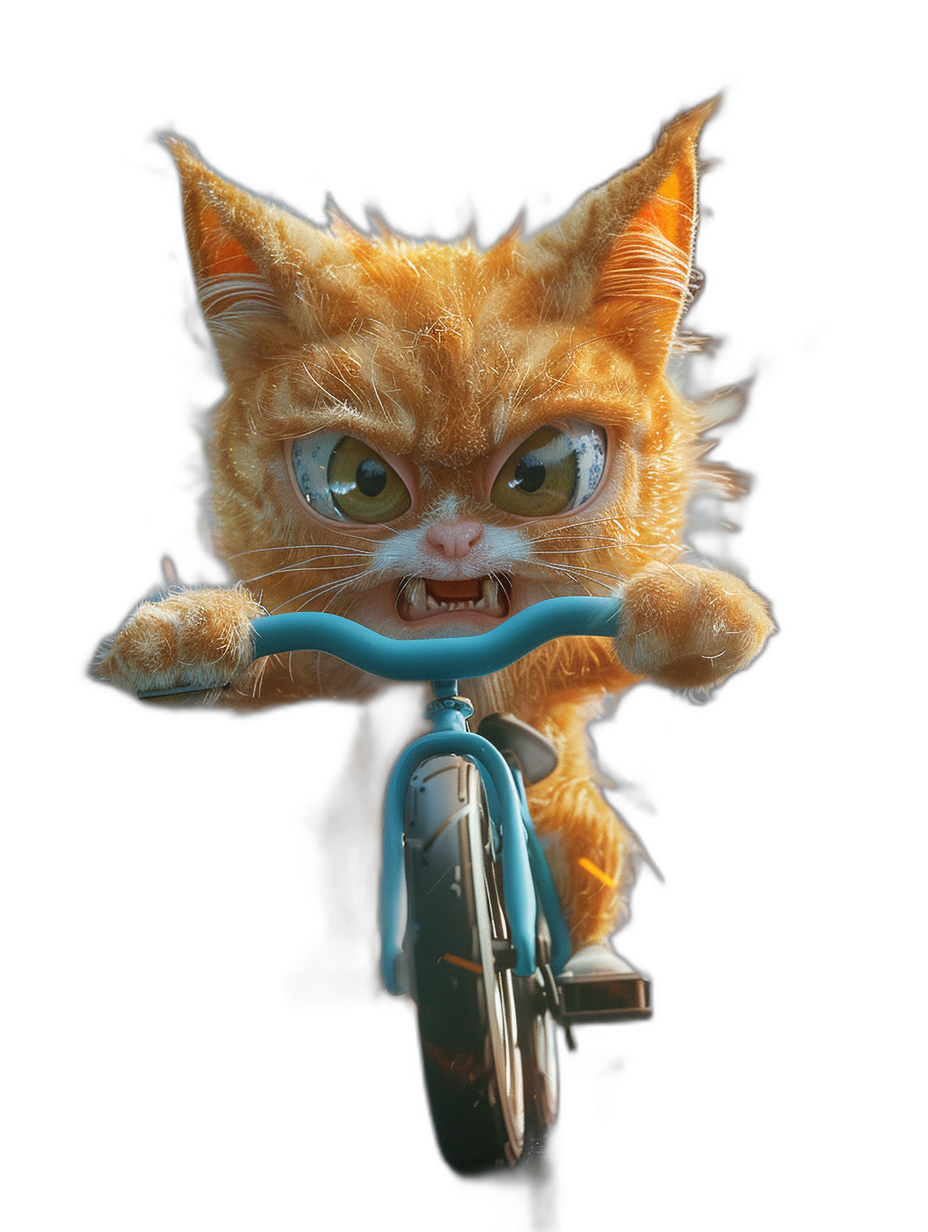 3D render of an angry ginger cat riding on the front wheel of a bicycle, with a blue handlebar and green wheels, against an isolated black background, in a hyper realistic style with cute, funny, fluffy fur, big eyes, and a cartoon style, with cinematic lighting and soft shadows, as if shot with a Nikon D850 camera.