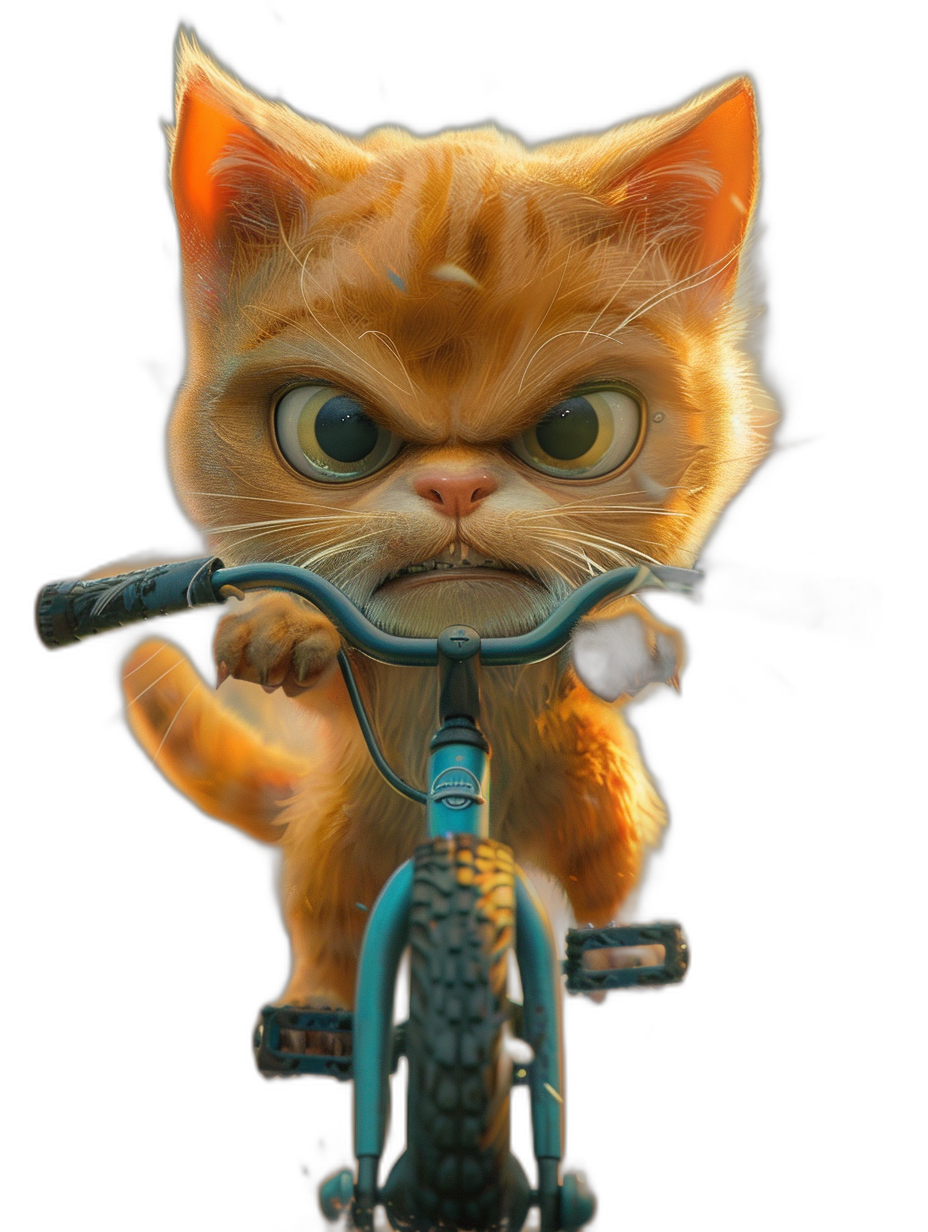 cute ginger cat riding on a bike, big eyes, in the style of Pixar, black background