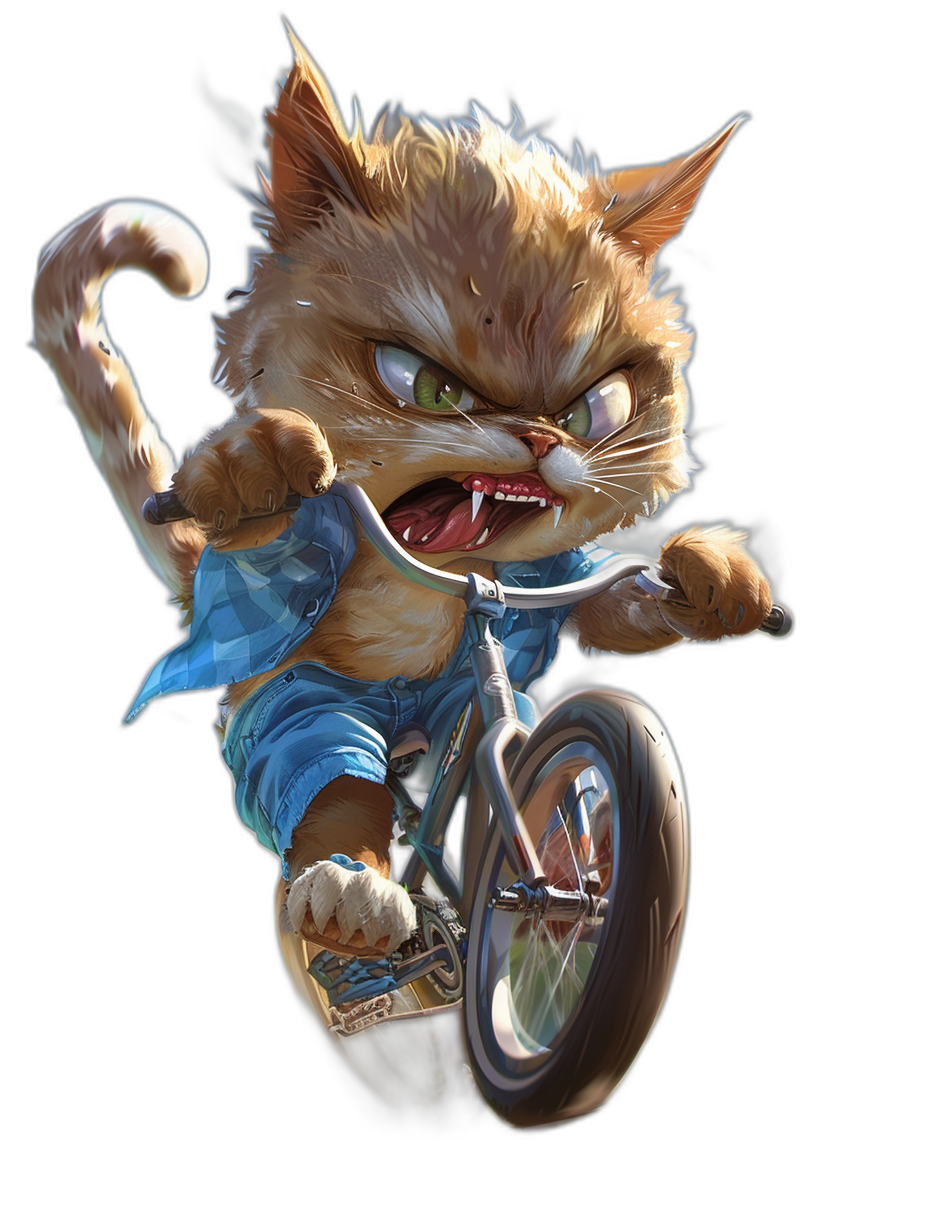 A cute and funny illustration of an angry cat riding on the back wheel of bicycle, wearing blue shirt, isolated black background, full body shot, concept art by Pixar studio style, digital painting