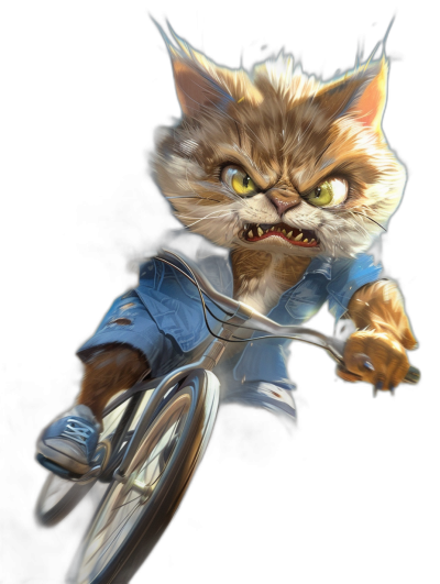 Character design of an angry and crazy cat in a blue shirt riding on a bicycle, on a black background, in the style of [Tiago Hoisel](https://goo.gl/search?artist%20Tiago%20Hoisel). The cat has fantasy art style details with fur texture, big eyes, and looks cute and friendly.