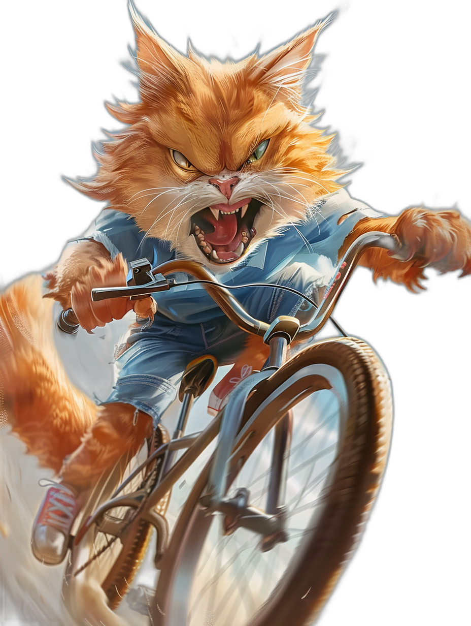 realistic orange cat in a blue shirt and white shoes riding on a bicycle, with an angry face, on a dark background, in the style of fantasy art, a digital painting, with high detail, at a high resolution