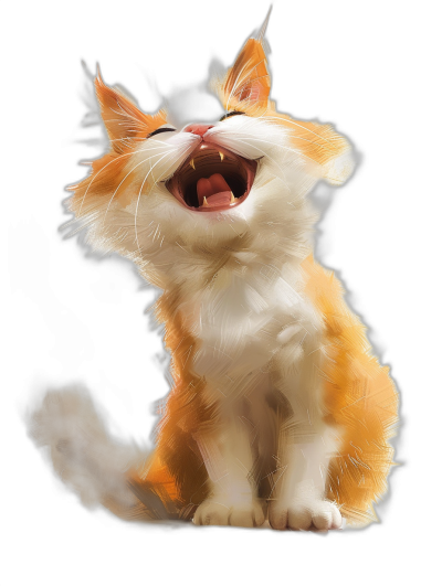 A cute happy cat, happy expression, laughing with mouth open wide, orange and white fur color, digital painting style, pure black background, high definition resolution, bright lighting, detailed texture, close-up perspective view.