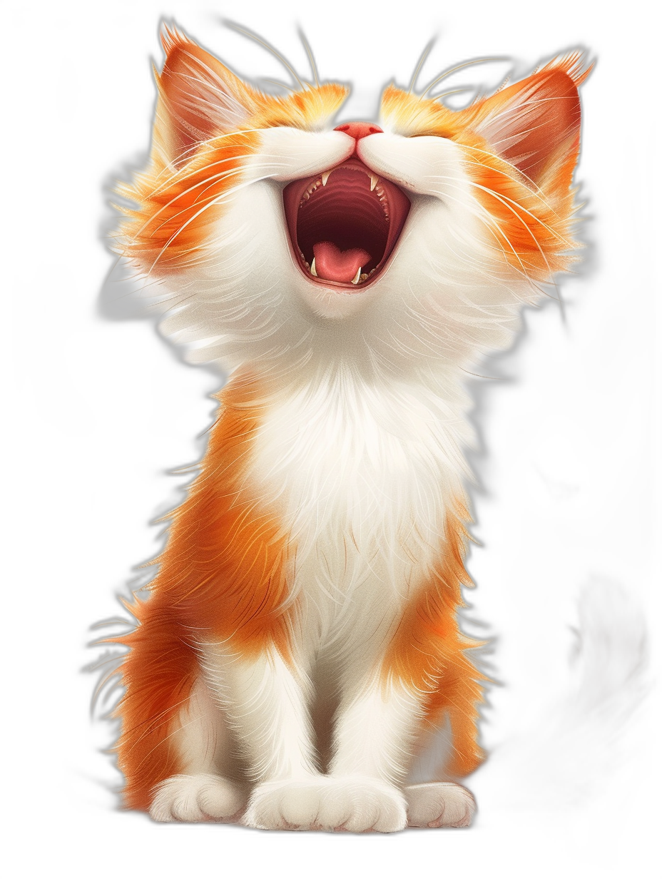 digital art of a cute kitten, with fluffy white and orange fur, open mouth appearing to laugh with big teeth, on a black background, in the style of a professional artist, in a Pixar style