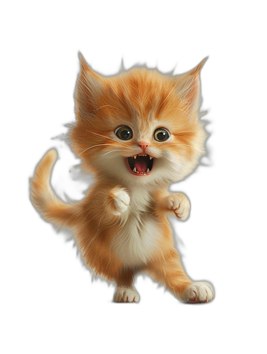 3D render of a cute happy ginger kitten jumping on a black background, rendered in the style of octane, with high resolution photography, insanely detailed